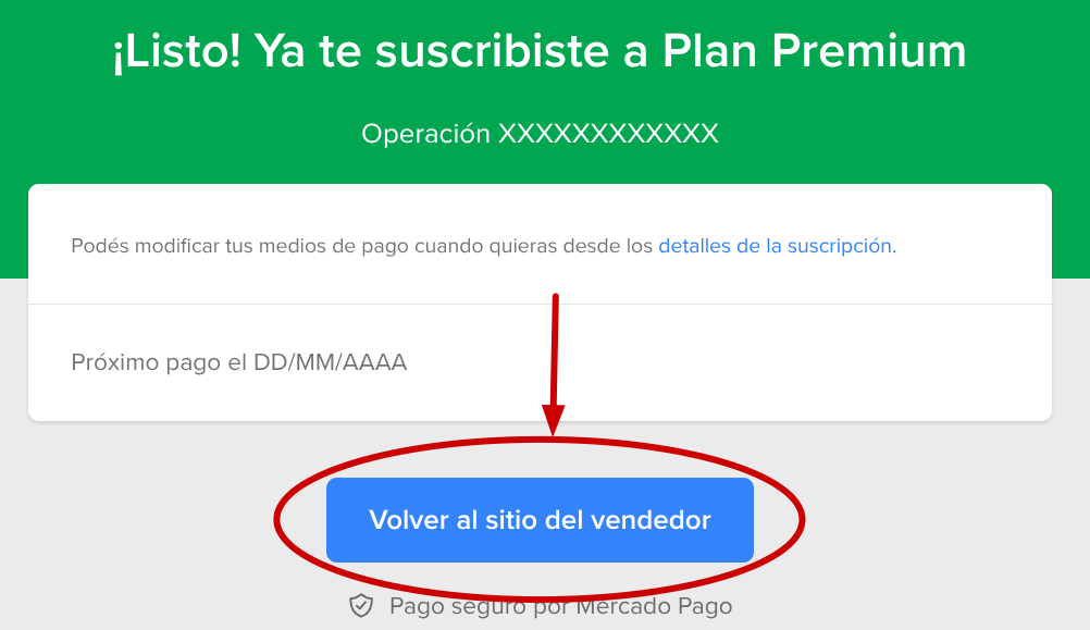 Botón Volver al sitio en Mercado Pago
